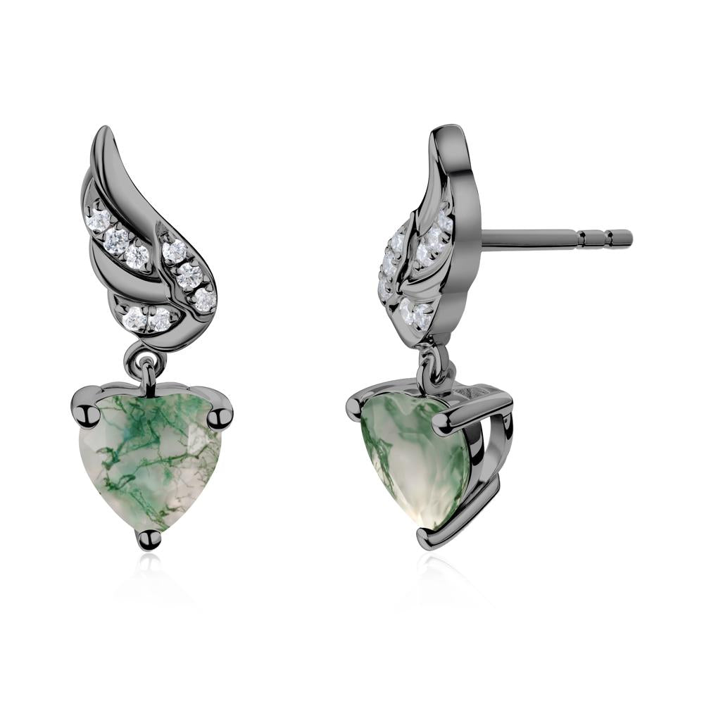 Angel Wing Heart Shaped Moss Agate Stud Earrings - LUO Jewelry #metal_black finish sterling silver