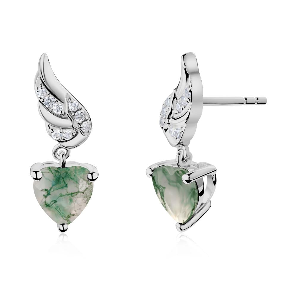 Angel Wing Heart Shaped Moss Agate Stud Earrings - LUO Jewelry #metal_platinum