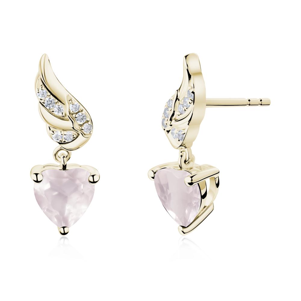 Angel Wing Heart Shaped Rose Quartz Stud Earrings - LUO Jewelry #metal_14k yellow gold