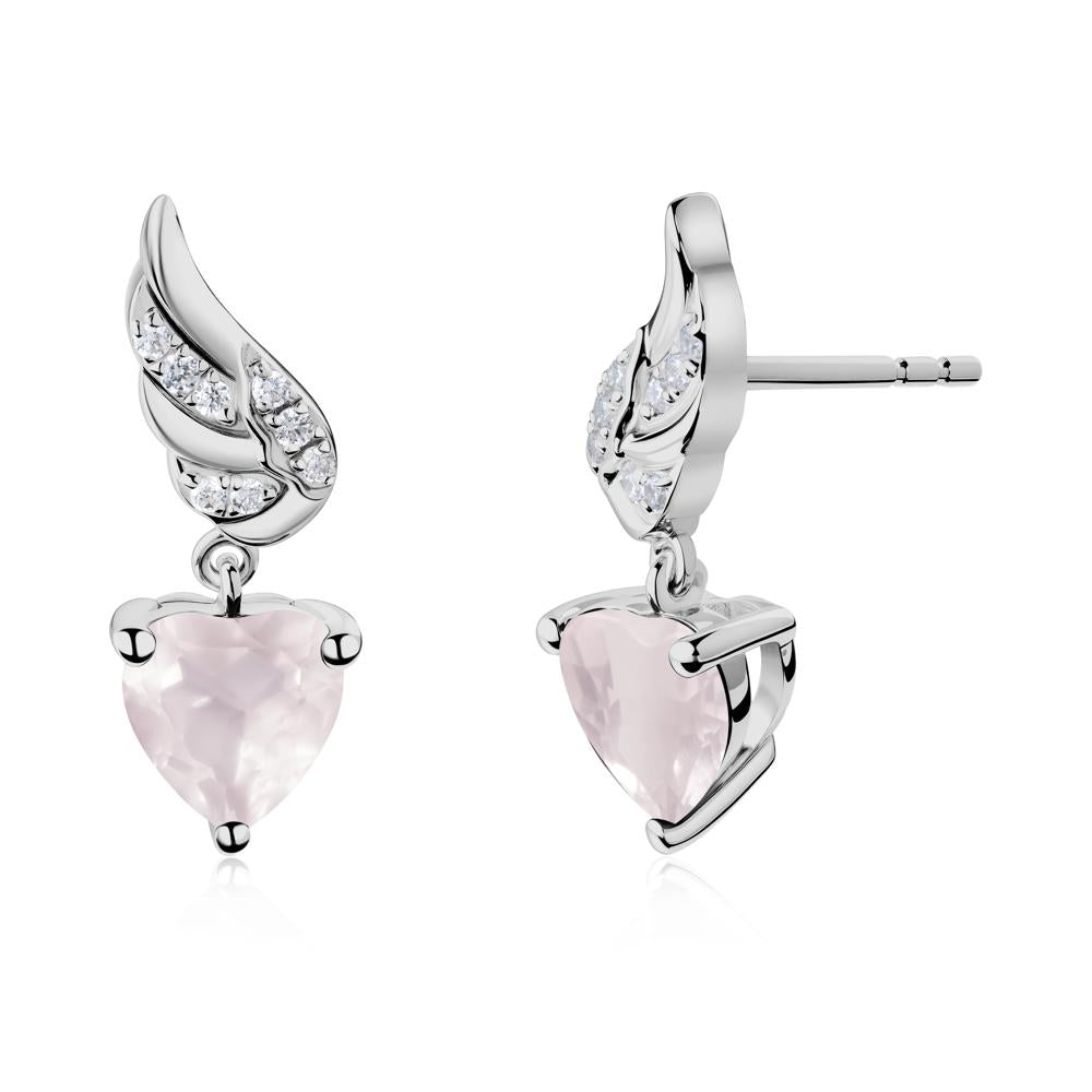 Angel Wing Heart Shaped Rose Quartz Stud Earrings - LUO Jewelry #metal_platinum