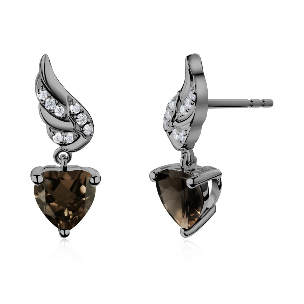 Winged Heart Shaped Smoky Quartz Stud Earrings - LUO Jewelry #metal_black finish sterling silver
