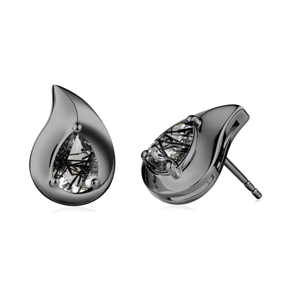 Simple Teardrop Stud Black Rutilated Quartz Earrings - LUO Jewelry #metal_black finish sterling silver