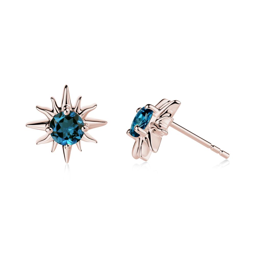 Round London Blue Topaz Sun Stud Earrings - LUO Jewelry #metal_14k rose gold