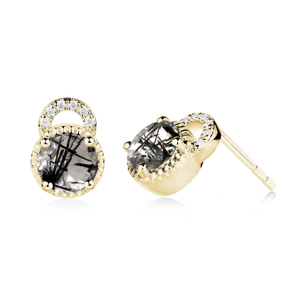 Round Cut Black Rutilated Quartz Halo Stud Earrings - LUO Jewelry #metal_18k yellow gold