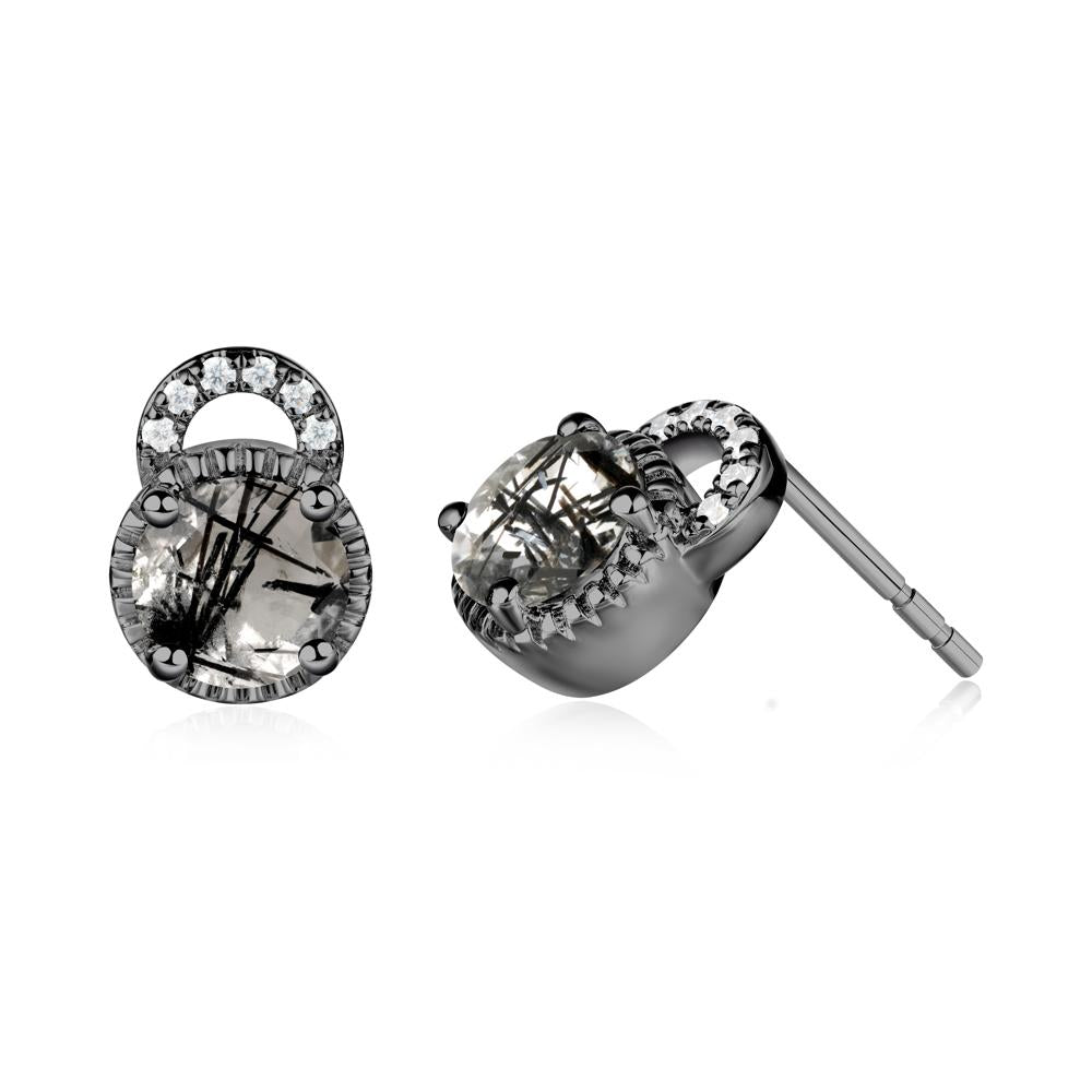 Round Cut Black Rutilated Quartz Halo Stud Earrings - LUO Jewelry #metal_black finish sterling silver
