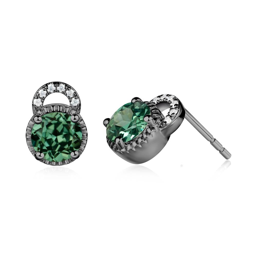Green Sapphire Stud Earrings with Decorative Halo - LUO Jewelry #metal_black finish sterling silver