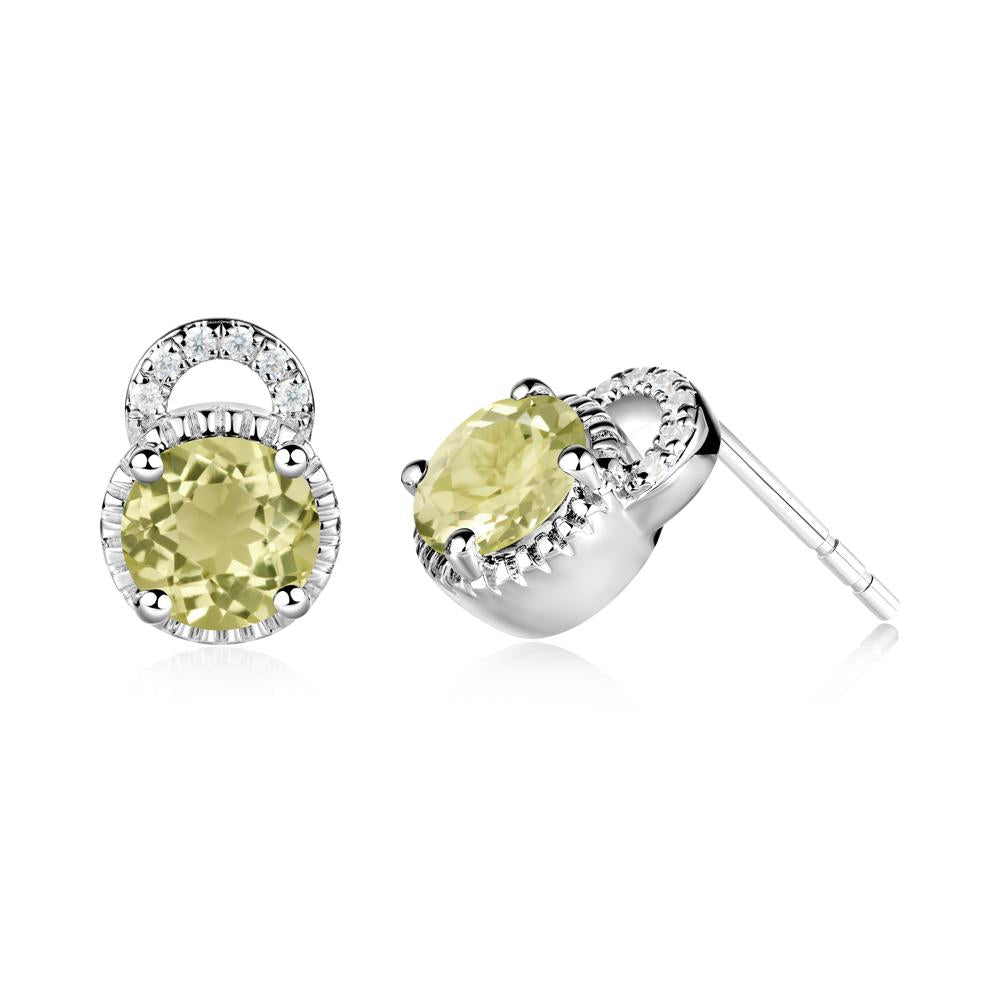 Round Cut Lemon Quartz Halo Stud Earrings - LUO Jewelry #metal_14k white gold