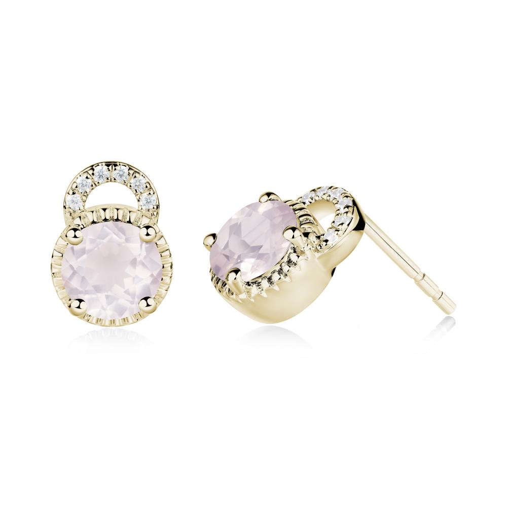 Rose Quartz Stud Earrings with Decorative Halo - LUO Jewelry #metal_14k yellow gold