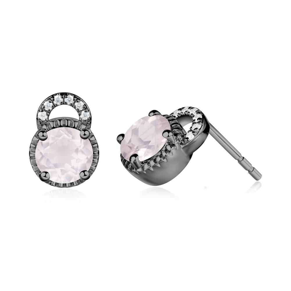 Rose Quartz Stud Earrings with Decorative Halo - LUO Jewelry #metal_black finish sterling silver