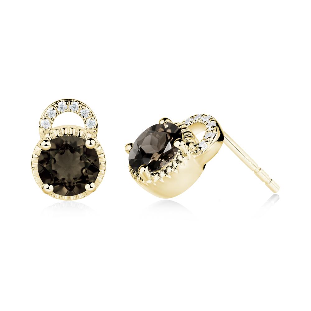 Round Cut Smoky Quartz Halo Stud Earrings - LUO Jewelry #metal_18k yellow gold