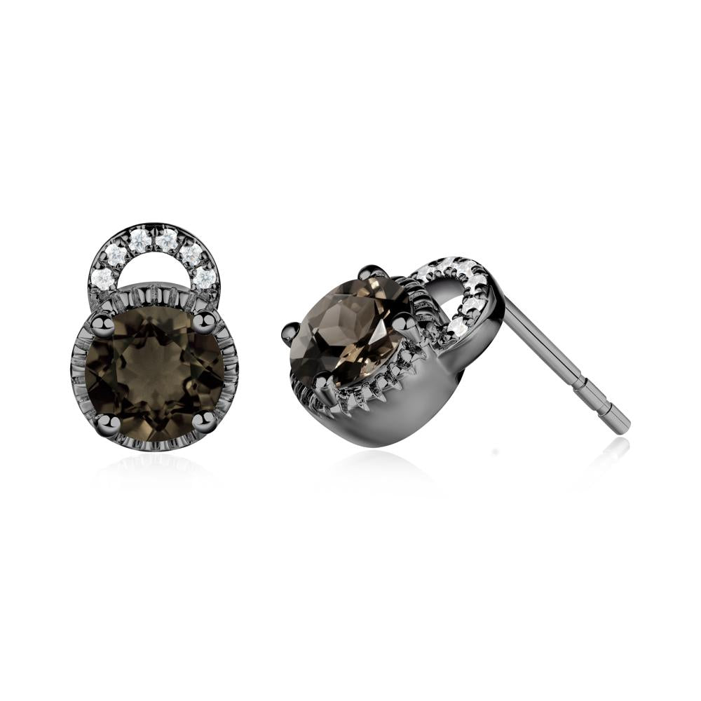 Round Cut Smoky Quartz Halo Stud Earrings - LUO Jewelry #metal_black finish sterling silver