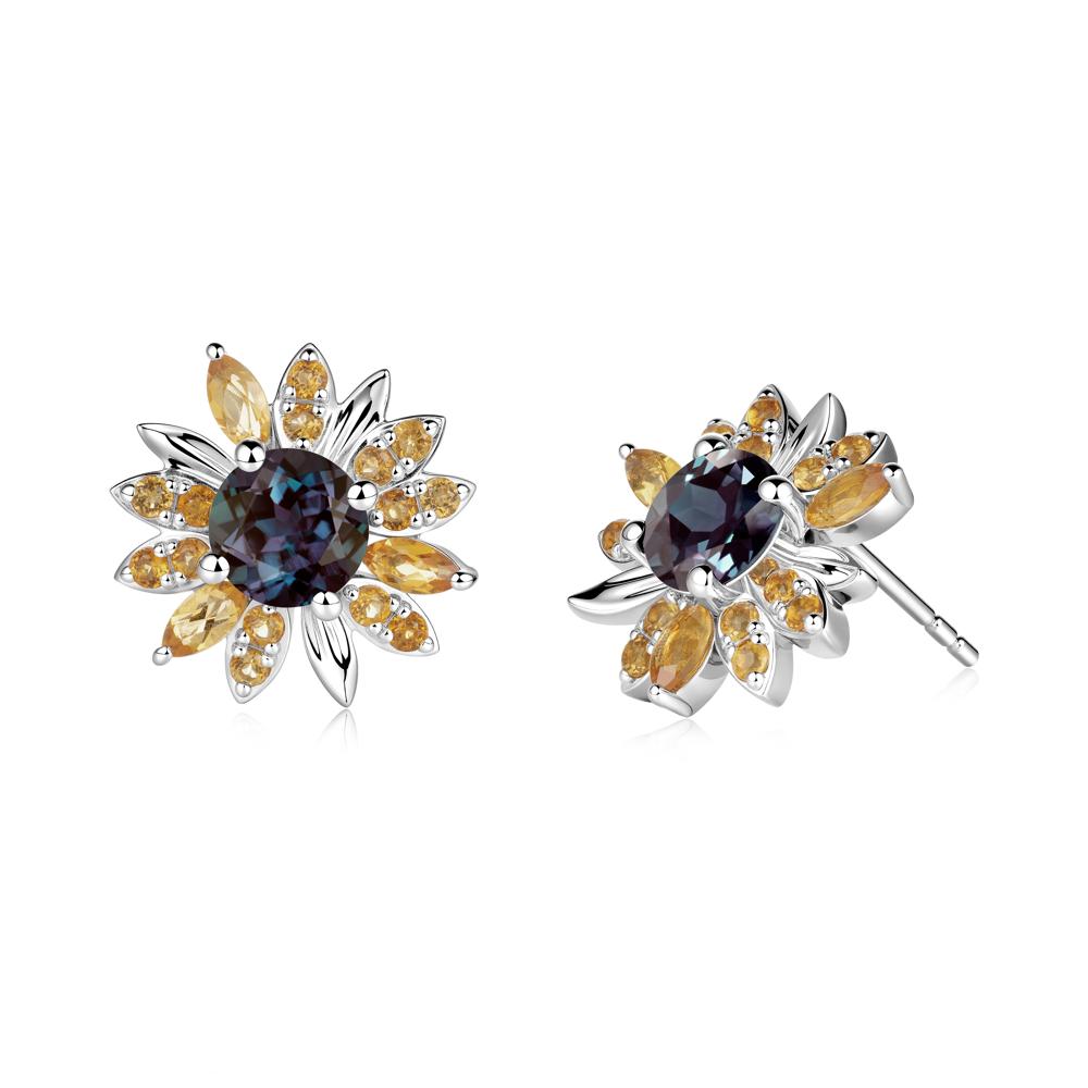 Sunflower Inspired Alexandrite and Citrine Stud Earrings - LUO Jewelry #metal_14k white gold