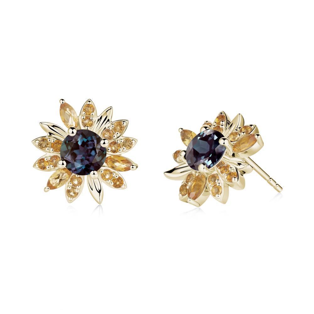 Sunflower Inspired Alexandrite and Citrine Stud Earrings - LUO Jewelry #metal_14k yellow gold