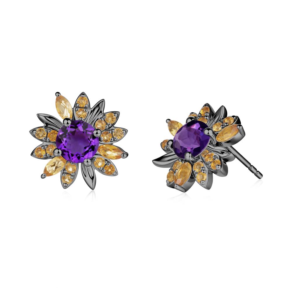 Round Amethyst and Citrine Sunflower Stud Earrings - LUO Jewelry #metal_black finish sterling silver