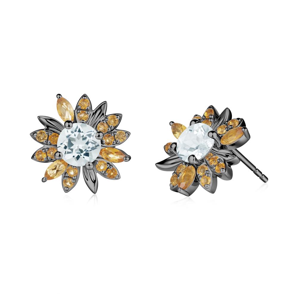 Round Aquamarine and Citrine Sunflower Stud Earrings - LUO Jewelry #metal_black finish sterling silver