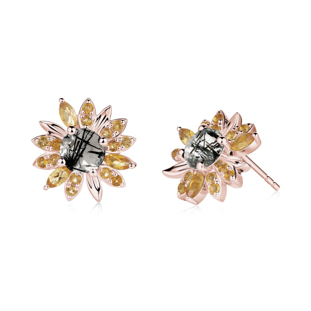 Sunflower Inspired Black Rutilated Quartz and Citrine Stud Earrings - LUO Jewelry #metal_18k rose gold