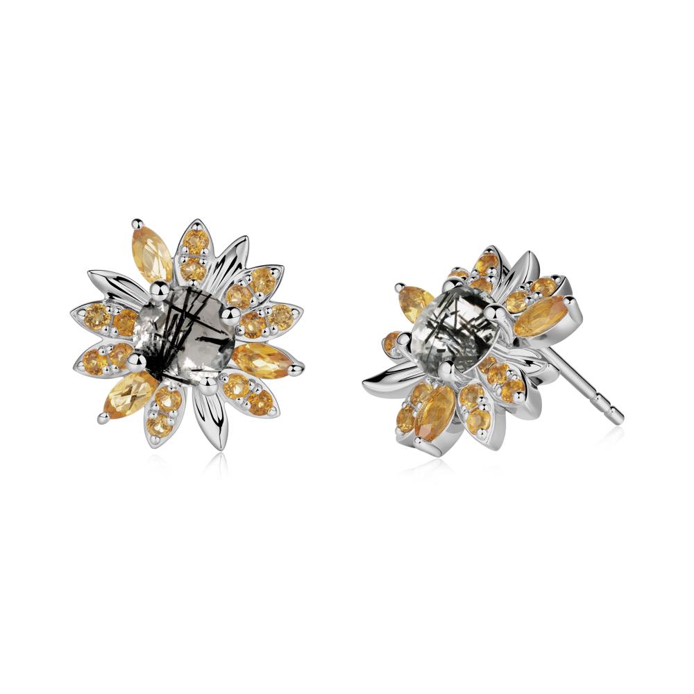 Sunflower Inspired Black Rutilated Quartz and Citrine Stud Earrings - LUO Jewelry #metal_platinum