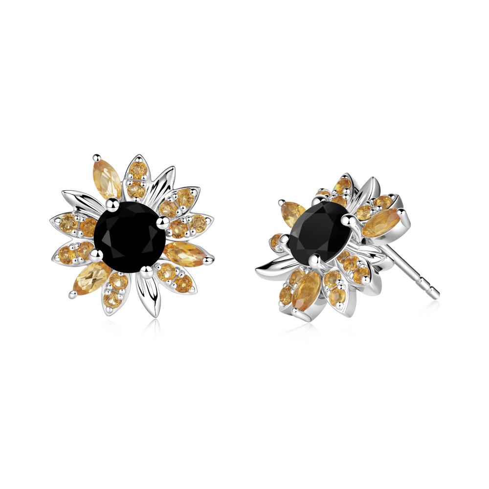 Black Spinel and Citrine Sunflower Pendant Earrings - LUO Jewelry #metal_14k white gold