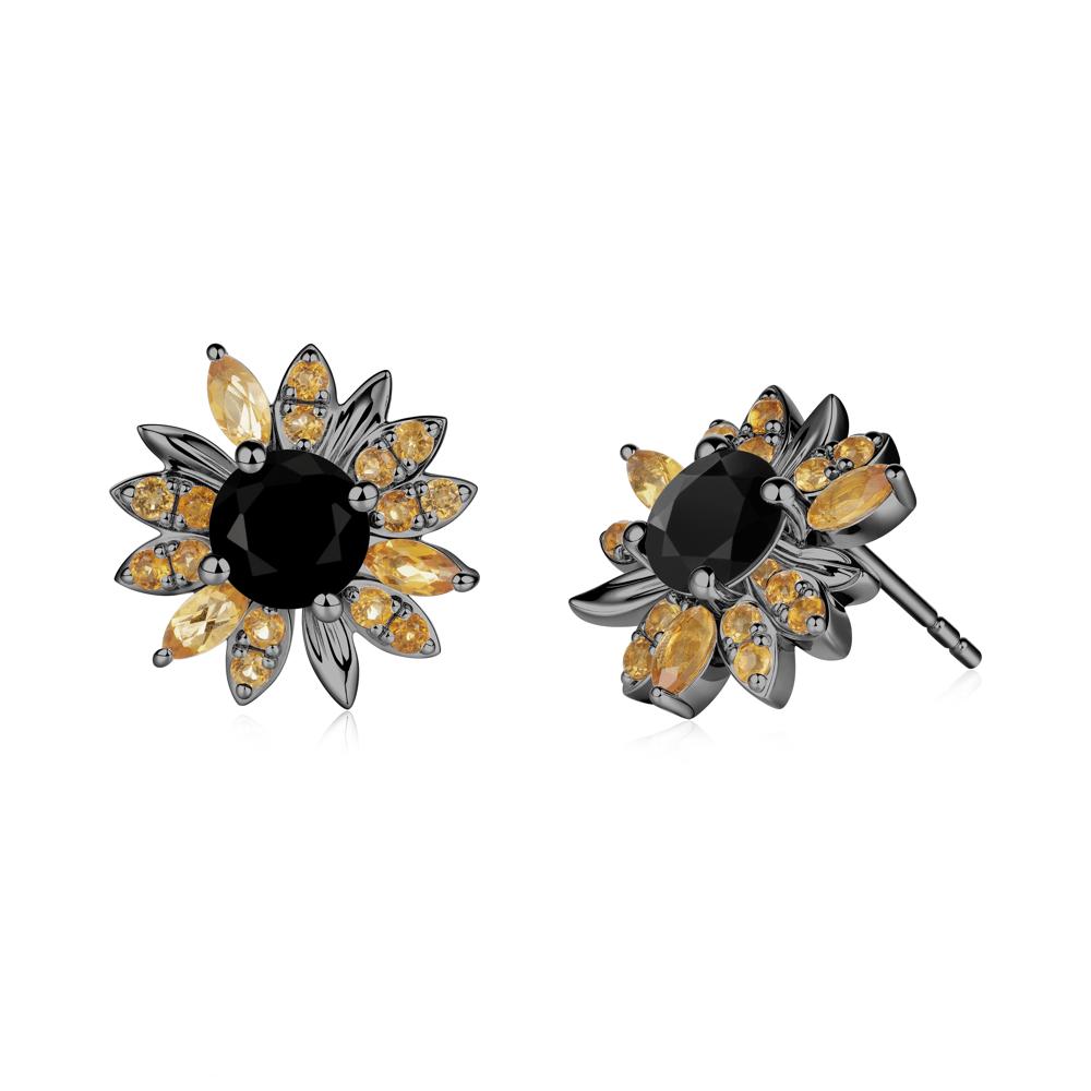Black Spinel and Citrine Sunflower Pendant Earrings - LUO Jewelry #metal_black finish sterling silver