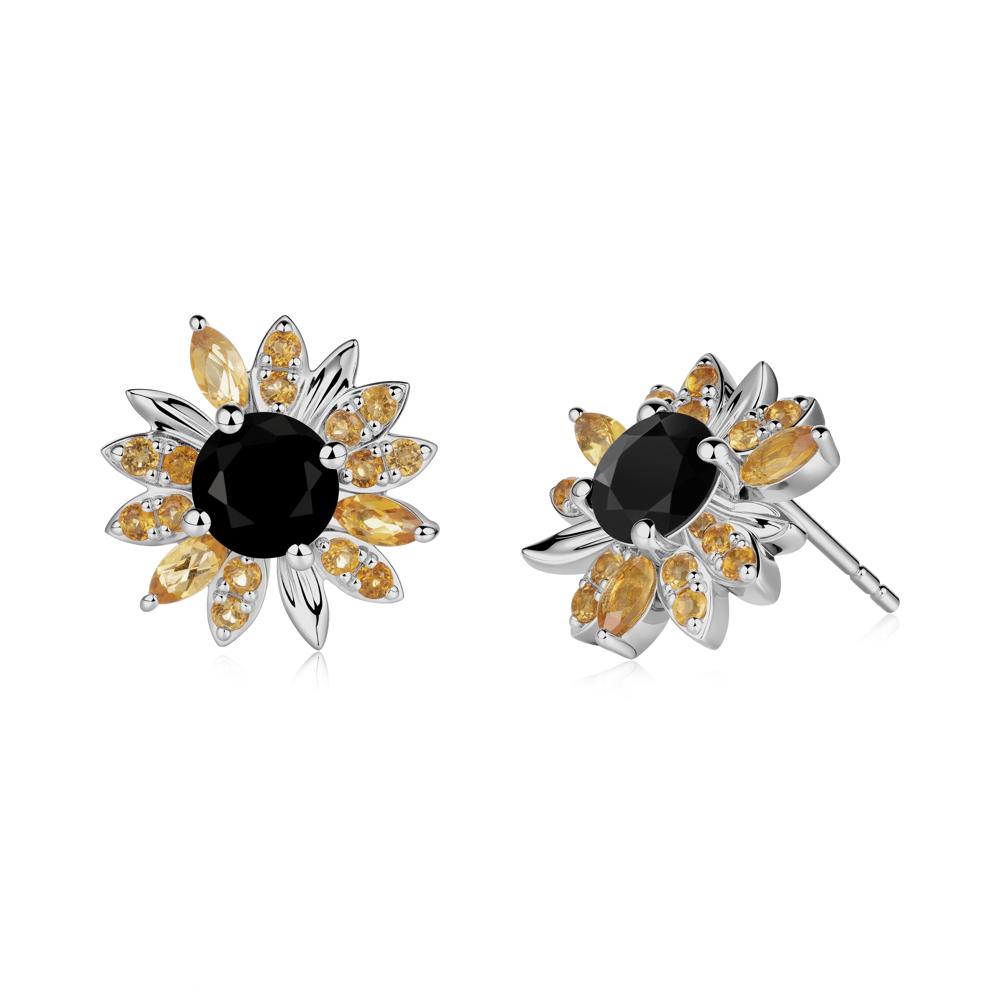Black Spinel and Citrine Sunflower Pendant Earrings - LUO Jewelry #metal_platinum