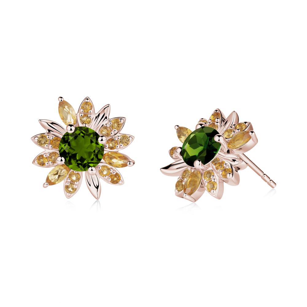 Round Diopside and Citrine Sunflower Stud Earrings - LUO Jewelry #metal_14k rose gold