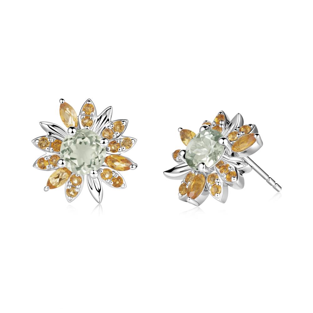 Sunflower Inspired Green Amethyst and Citrine Stud Earrings - LUO Jewelry #metal_14k white gold