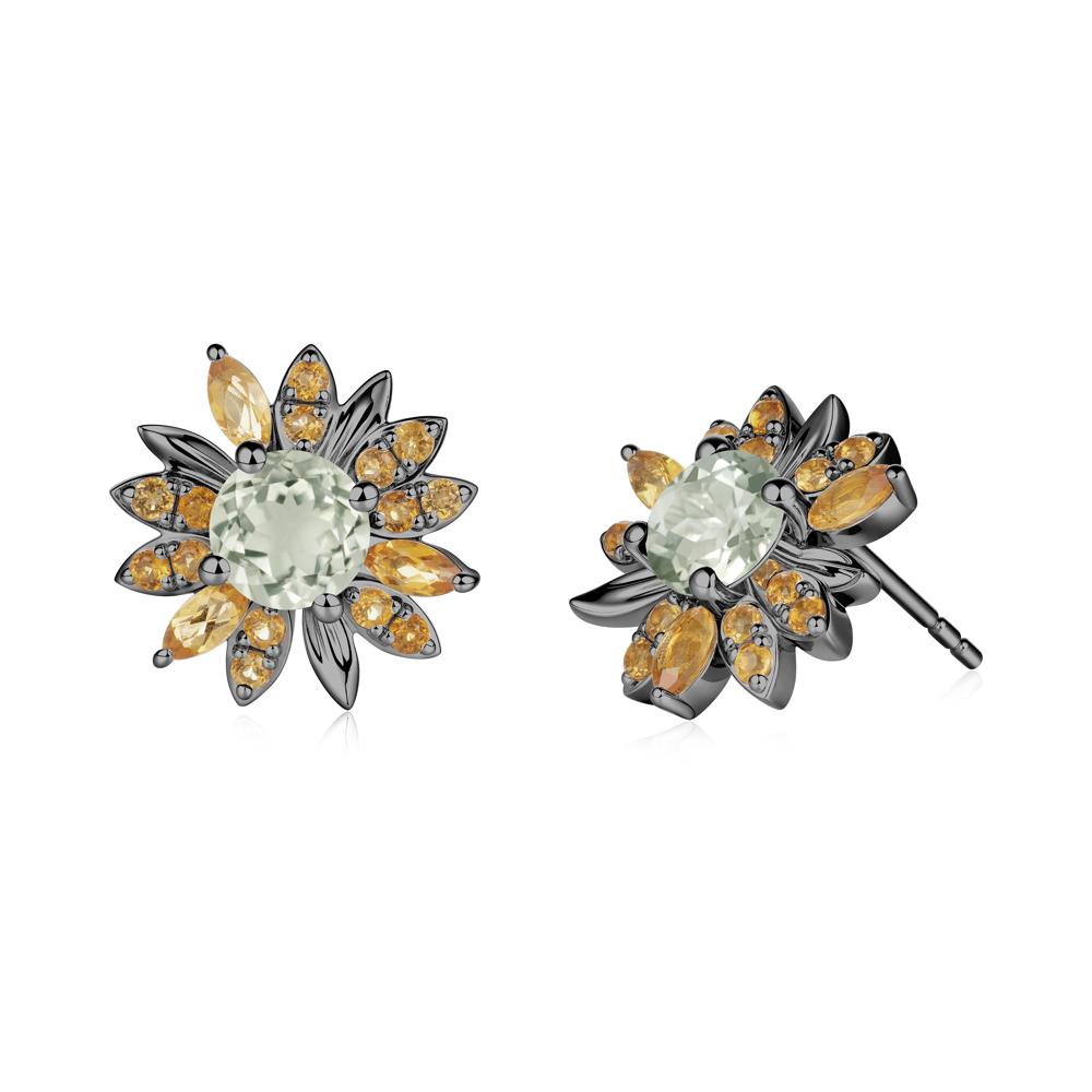 Sunflower Inspired Green Amethyst and Citrine Stud Earrings - LUO Jewelry #metal_black finish sterling silver