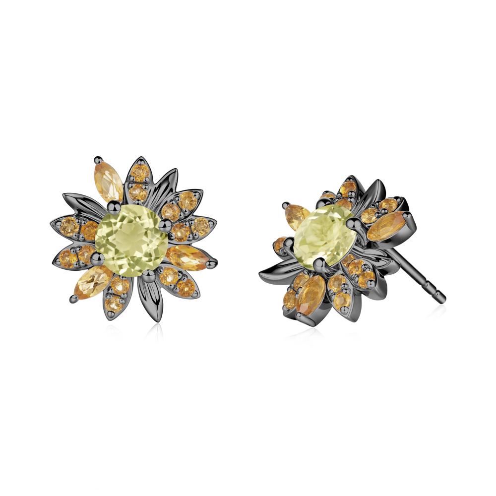 Round Lemon Quartz and Citrine Sunflower Stud Earrings - LUO Jewelry #metal_black finish sterling silver