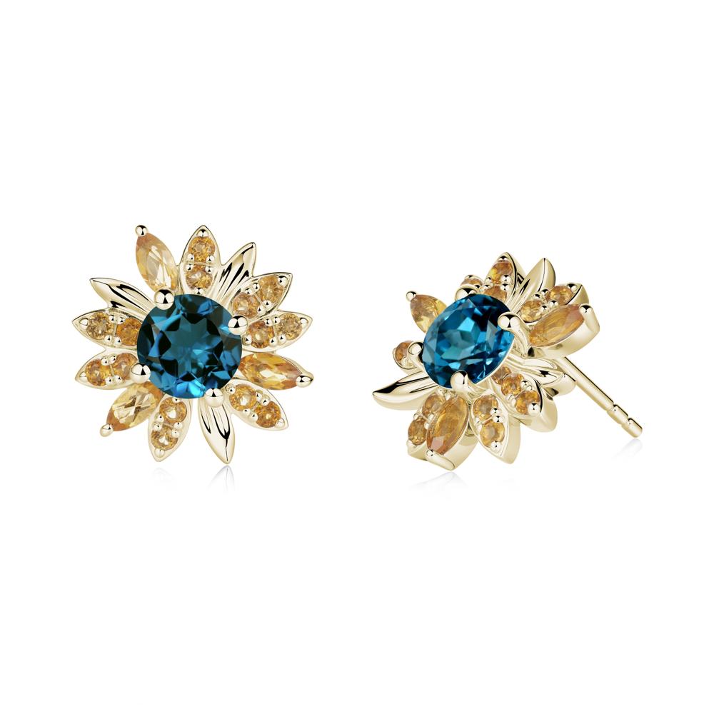 Round London Blue Topaz and Citrine Sunflower Stud Earrings - LUO Jewelry #metal_14k yellow gold