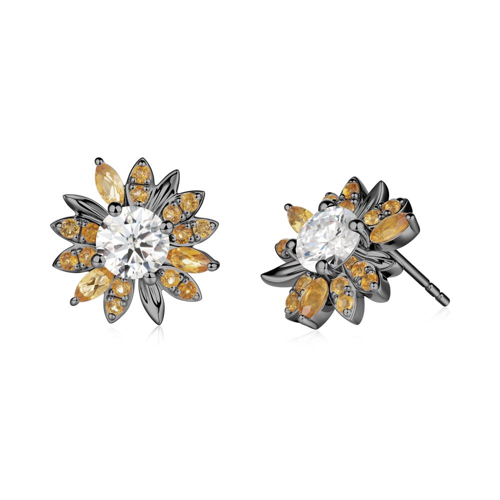 Moissanite and Citrine Sunflower Pendant Earrings - LUO Jewelry #metal_black finish sterling silver