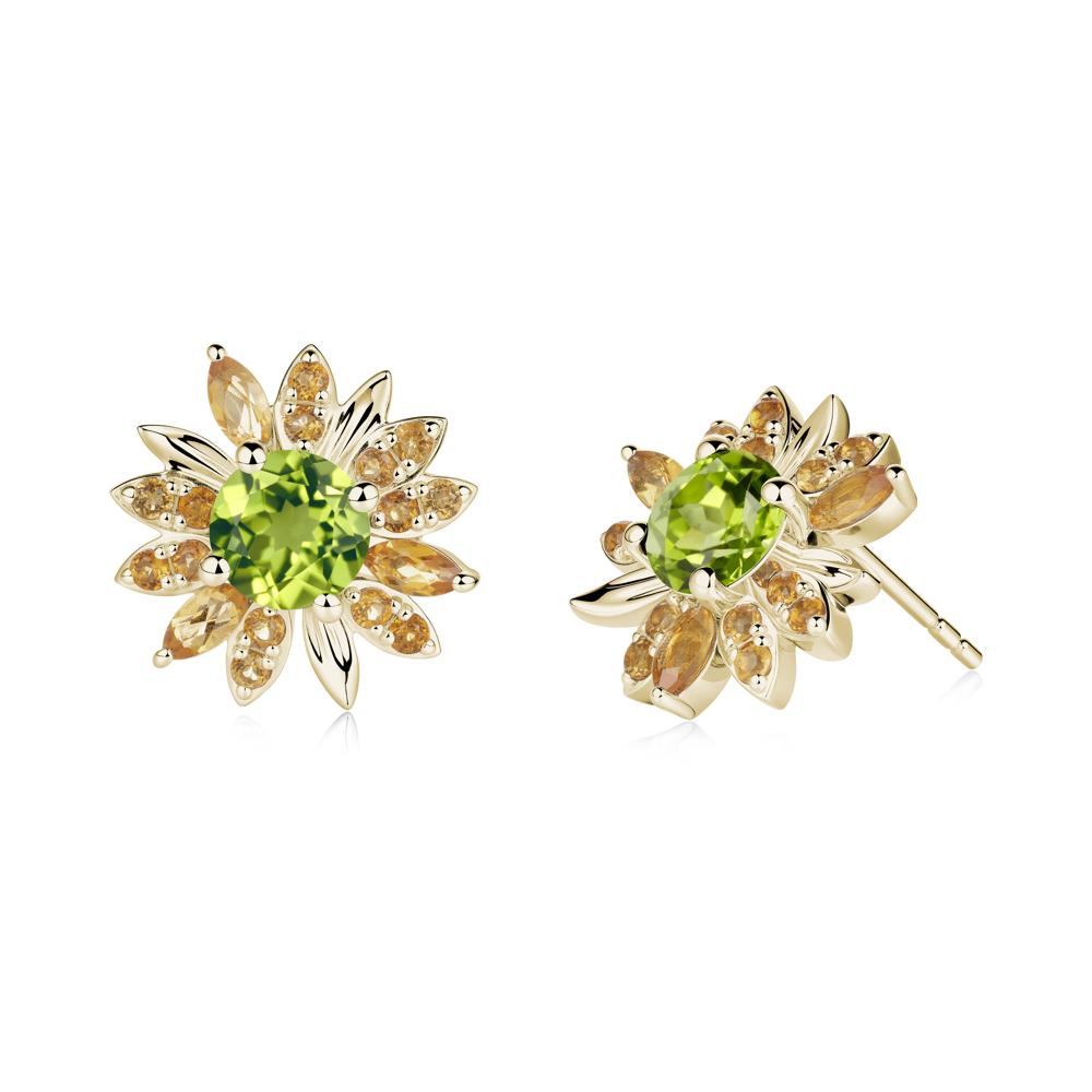 Round Peridot and Citrine Sunflower Stud Earrings - LUO Jewelry #metal_14k yellow gold