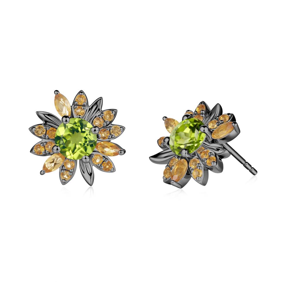 Round Peridot and Citrine Sunflower Stud Earrings - LUO Jewelry #metal_black finish sterling silver