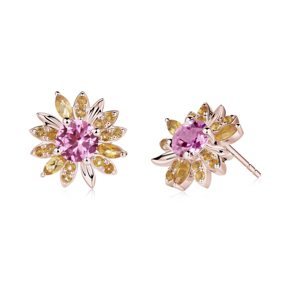 Round Pink Sapphire and Citrine Sunflower Stud Earrings - LUO Jewelry #metal_14k rose gold