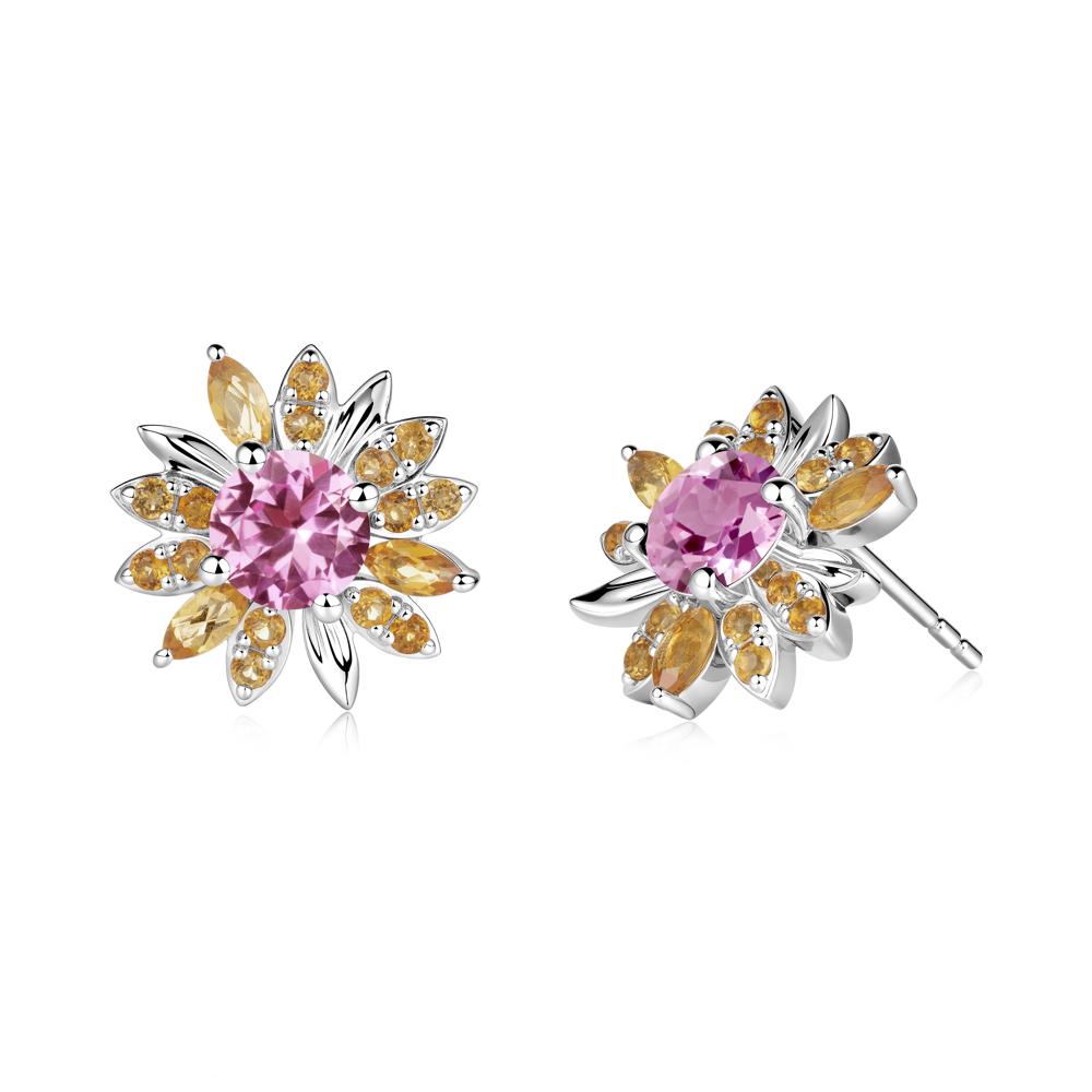 Round Pink Sapphire and Citrine Sunflower Stud Earrings - LUO Jewelry #metal_14k white gold