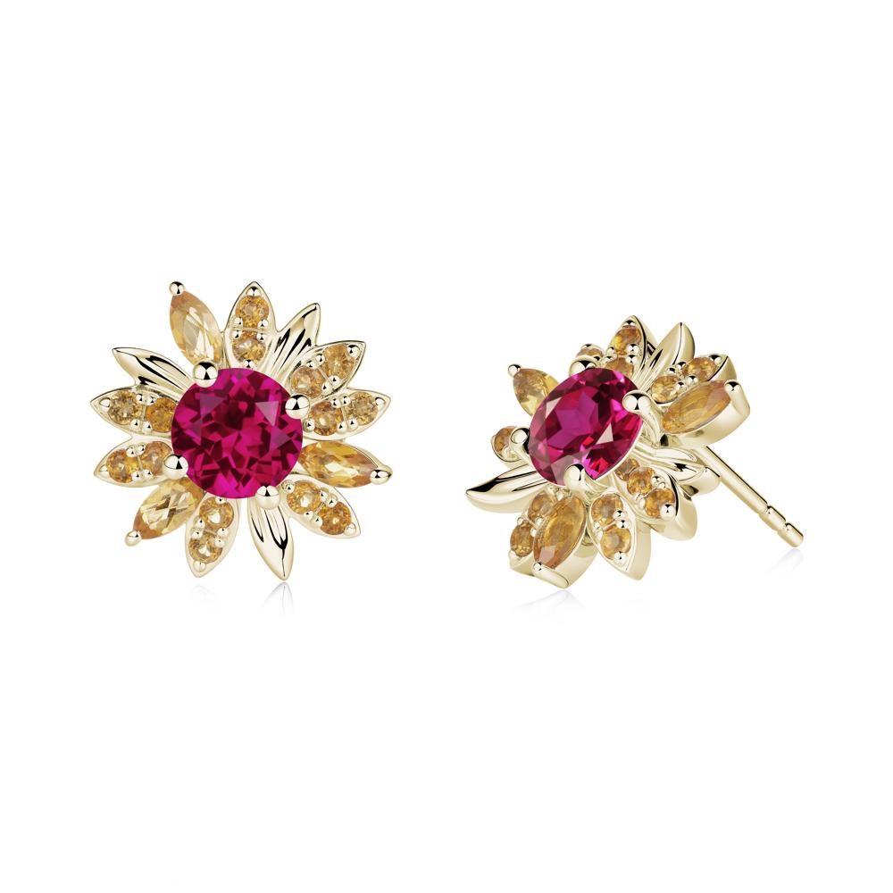 Sunflower Inspired Ruby and Citrine Stud Earrings - LUO Jewelry #metal_14k yellow gold