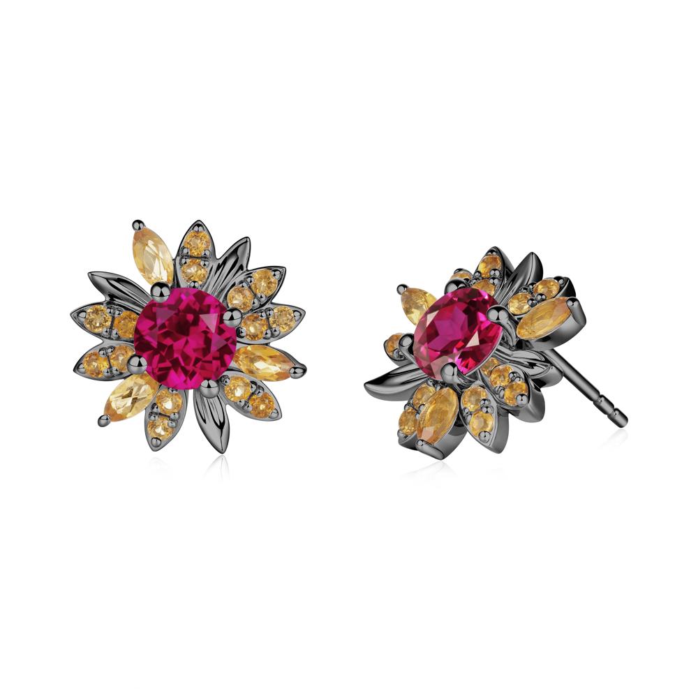 Sunflower Inspired Ruby and Citrine Stud Earrings - LUO Jewelry #metal_black finish sterling silver