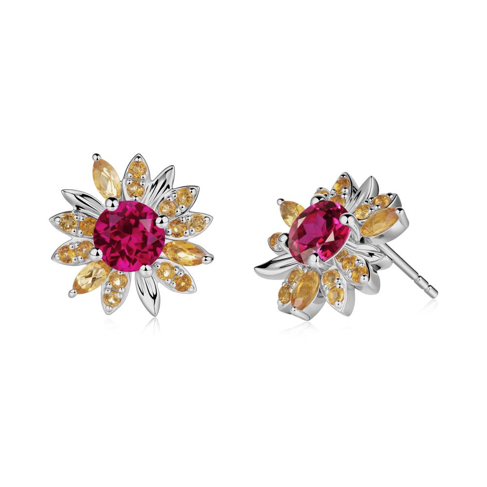 Sunflower Inspired Ruby and Citrine Stud Earrings - LUO Jewelry #metal_platinum