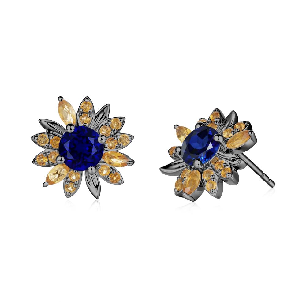 Round Sapphire and Citrine Sunflower Stud Earrings - LUO Jewelry #metal_black finish sterling silver