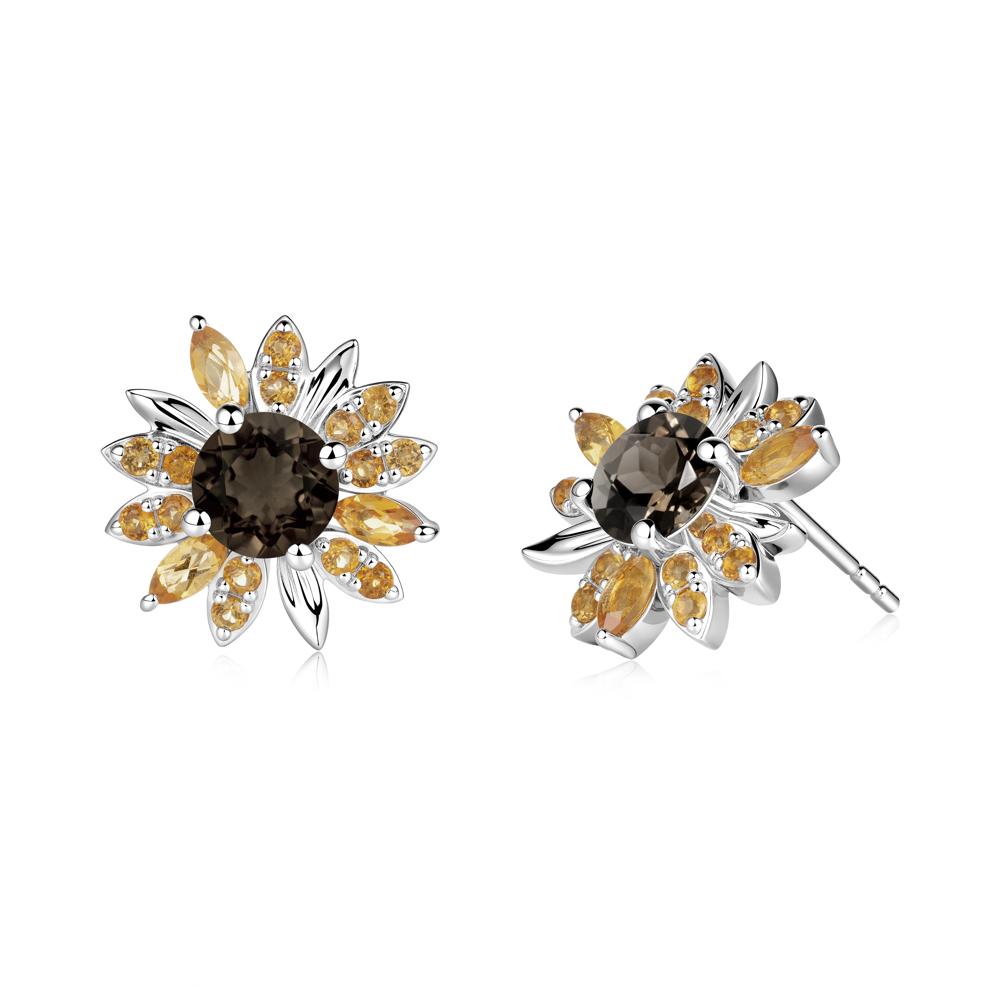 Round Smoky Quartz and Citrine Sunflower Stud Earrings - LUO Jewelry #metal_14k white gold
