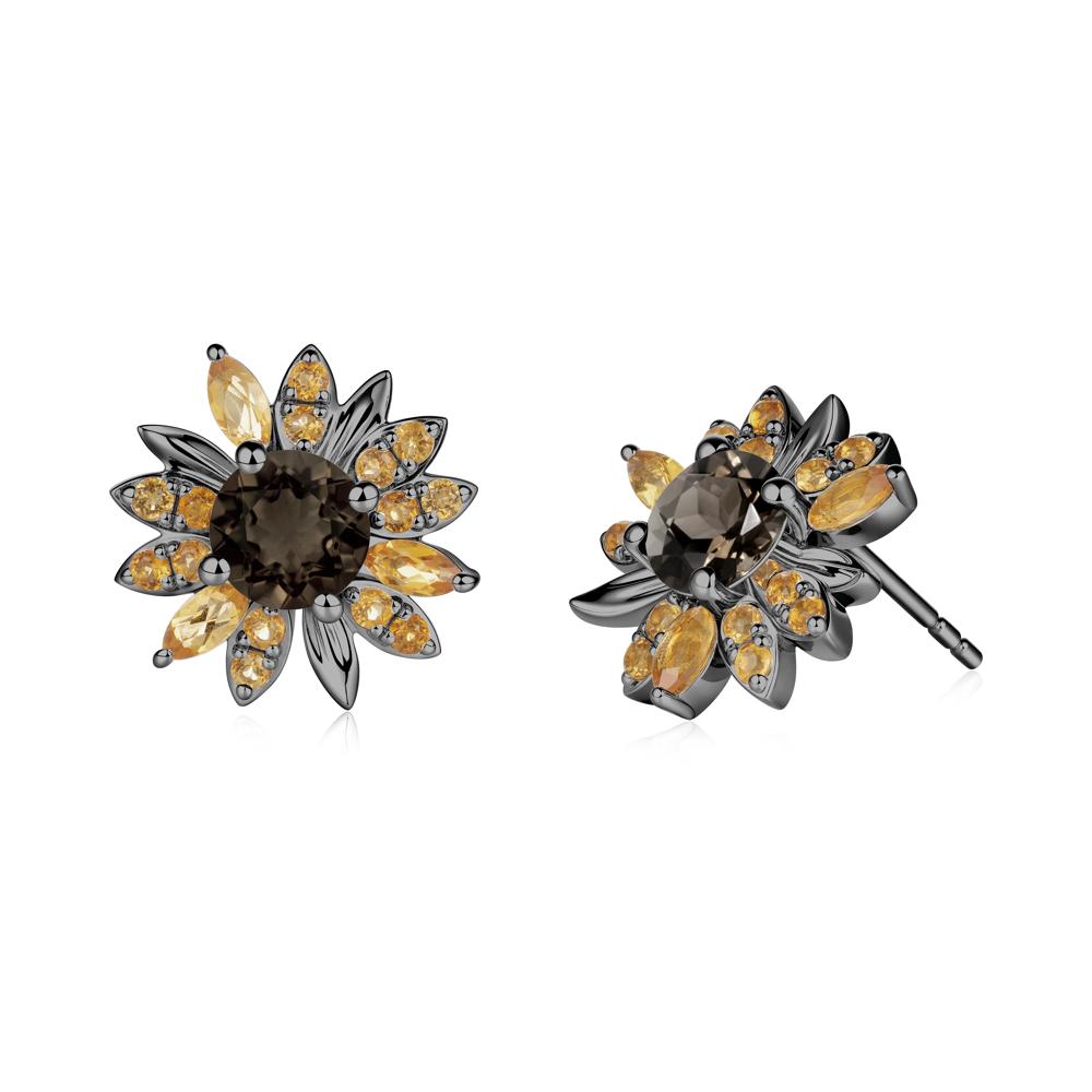 Round Smoky Quartz and Citrine Sunflower Stud Earrings - LUO Jewelry #metal_black finish sterling silver