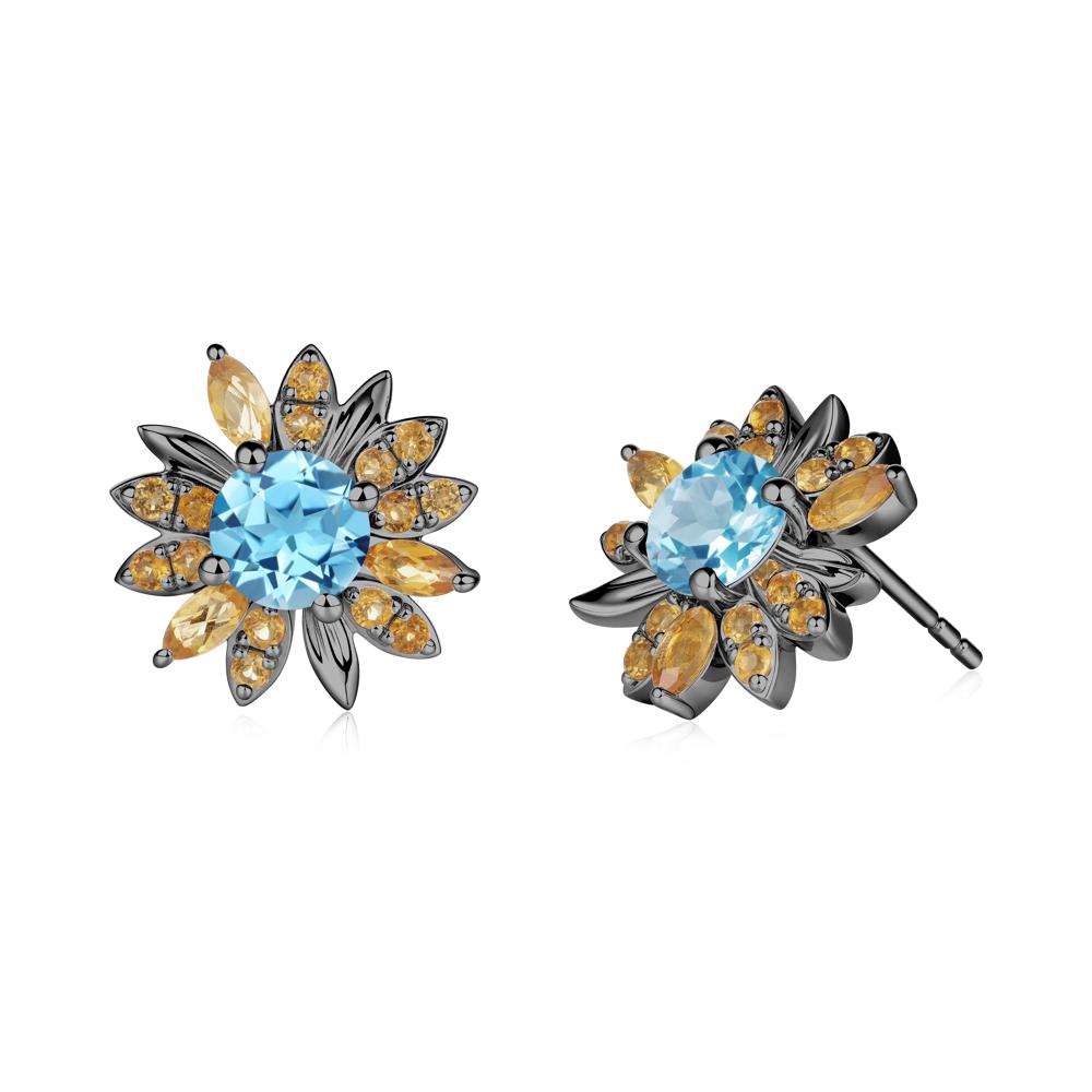 Sunflower Inspired Swiss Blue Topaz and Citrine Stud Earrings - LUO Jewelry #metal_black finish sterling silver
