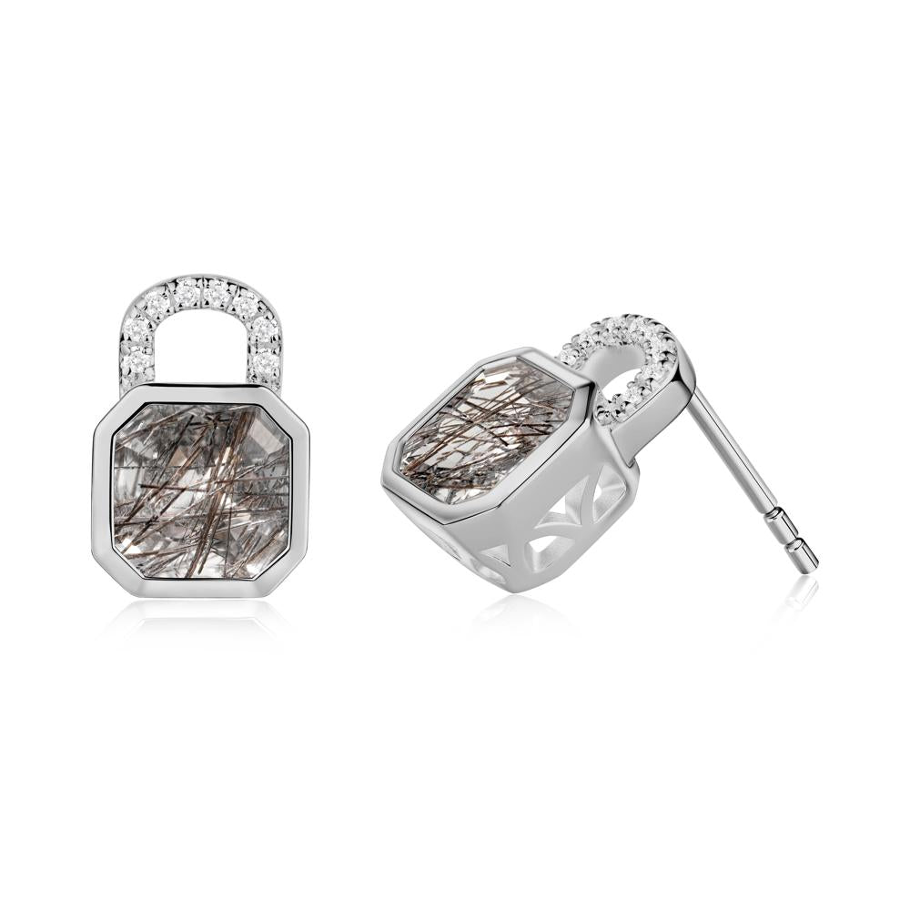 Bezel Black Rutilated Quartz Stud Earrings - LUO Jewelry #metal_platinum