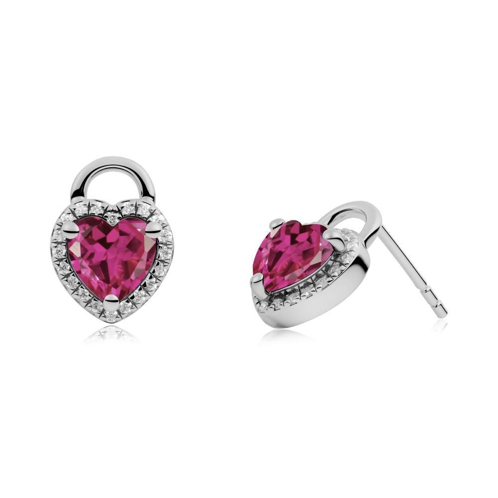 Heart Shaped Ruby Halo Stud Earrings - LUO Jewelry #metal_platinum