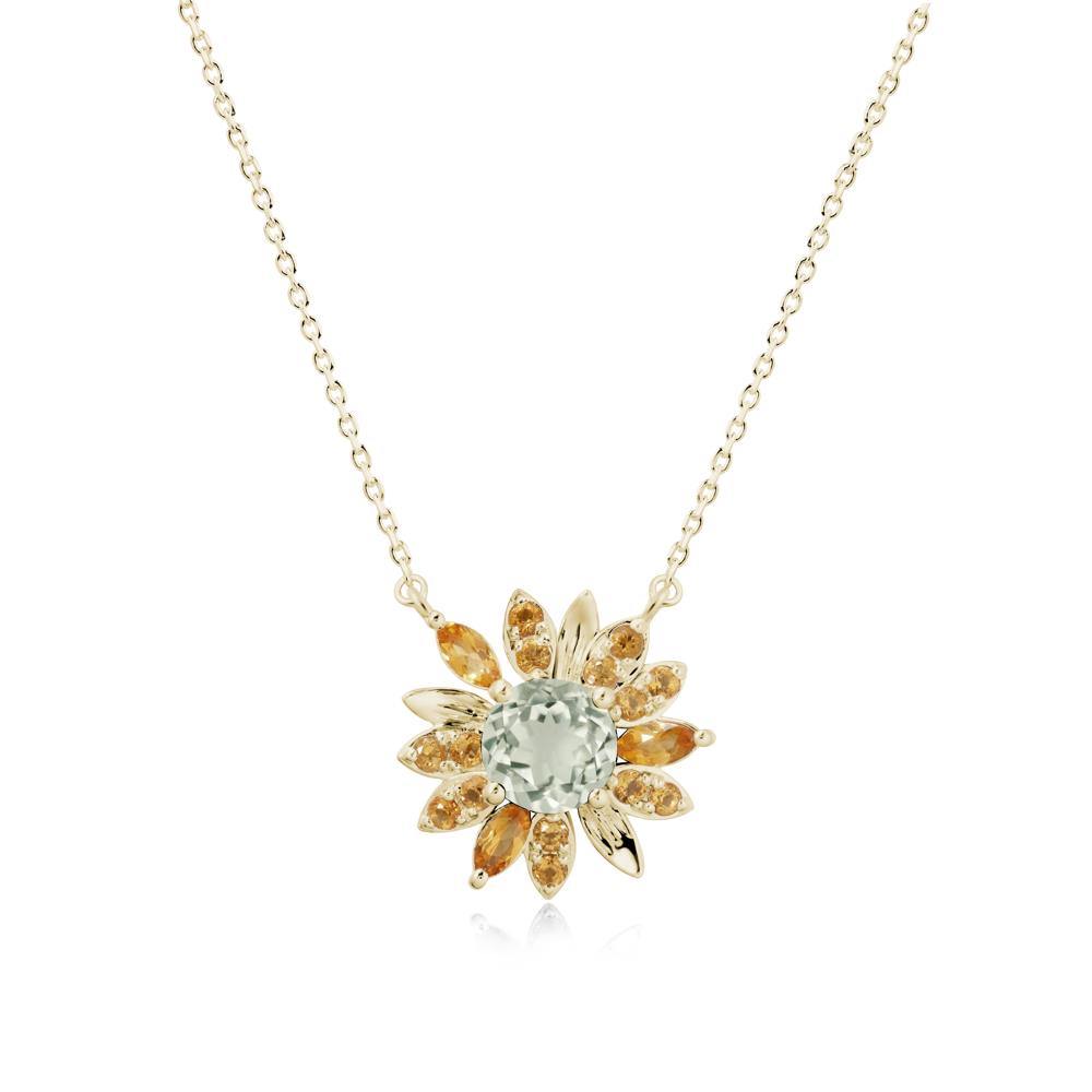 Round Green Amethyst and Citrine Sunflower Necklace - LUO Jewelry #metal_14k yellow gold