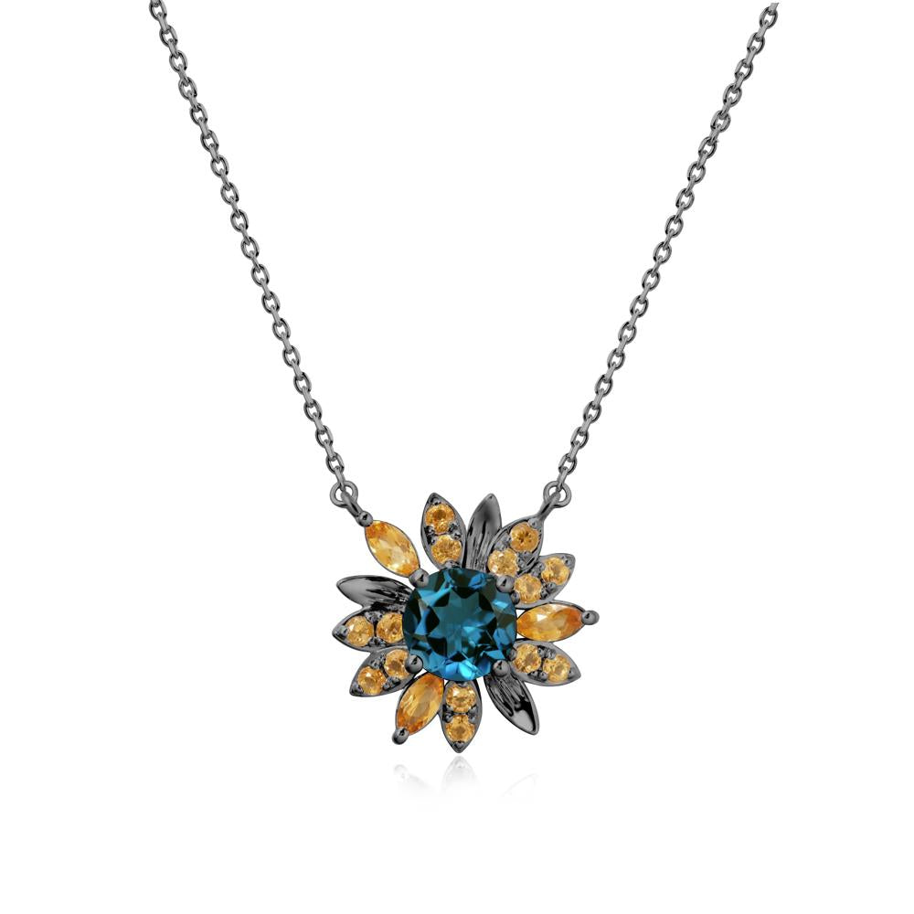 Round London Blue Topaz and Citrine Sunflower Necklace - LUO Jewelry #metal_black finish sterling silver