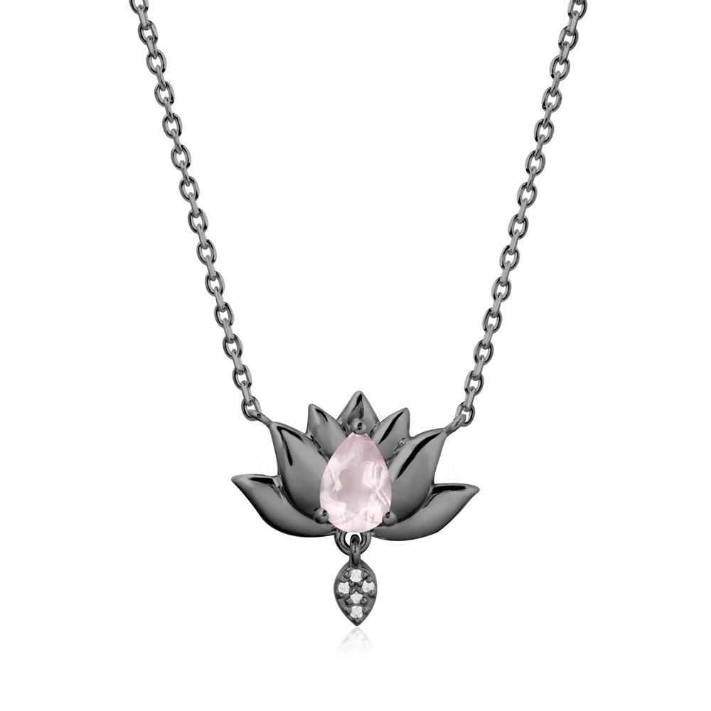 Tear Shaped Rose Quartz Lotus Necklace - LUO Jewelry #metal_black finish sterling silver