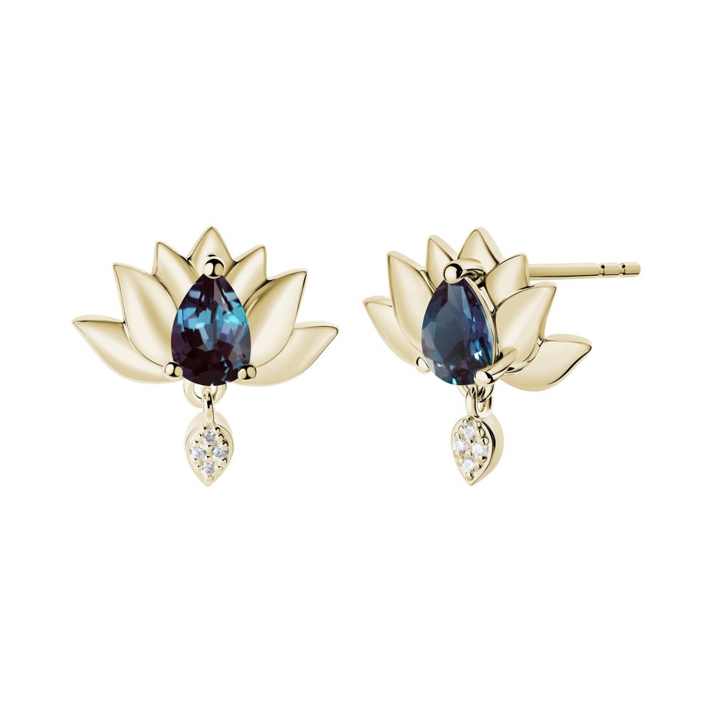 Pear Shaped Alexandrite Lotus Flower Earrings - LUO Jewelry #metal_14k yellow gold