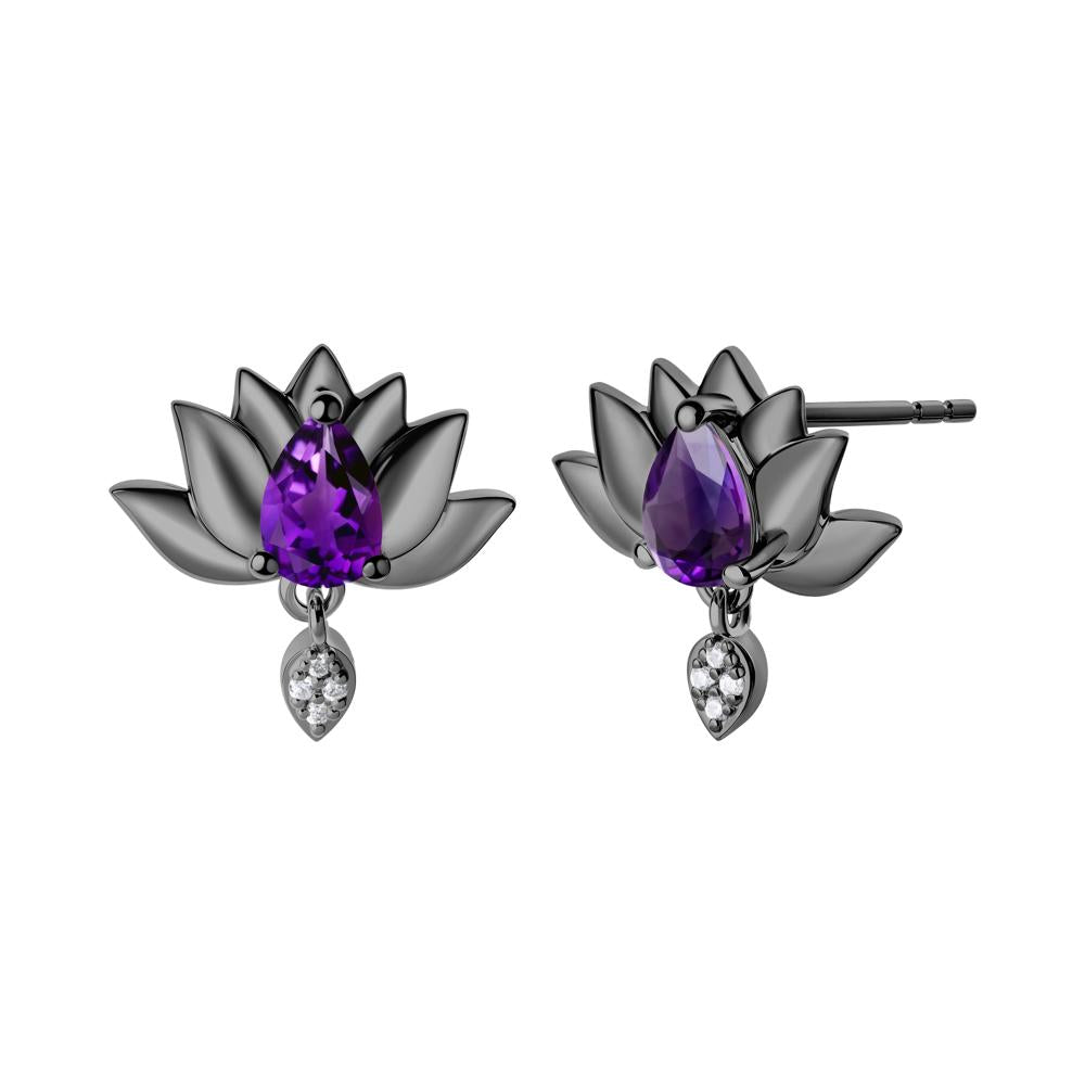 Tear Shaped Amethyst Lotus Stud Earrings - LUO Jewelry #metal_black finish sterling silver