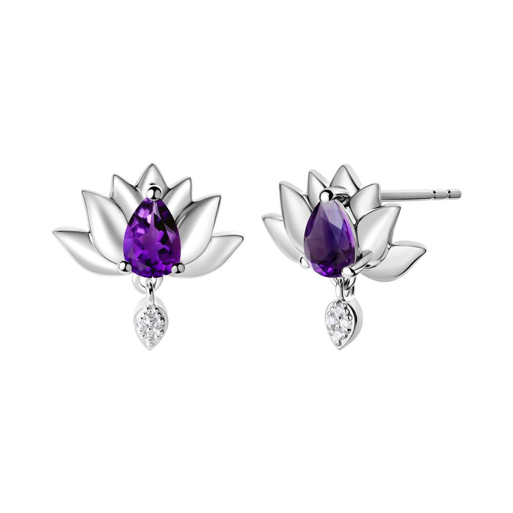 Tear Shaped Amethyst Lotus Stud Earrings - LUO Jewelry #metal_sterling silver