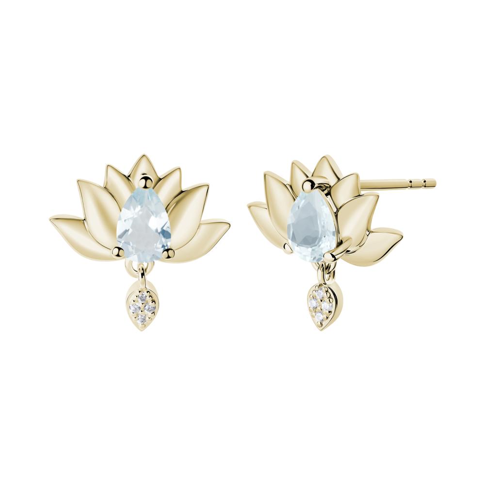 Tear Shaped Aquamarine Lotus Stud Earrings - LUO Jewelry #metal_14k yellow gold
